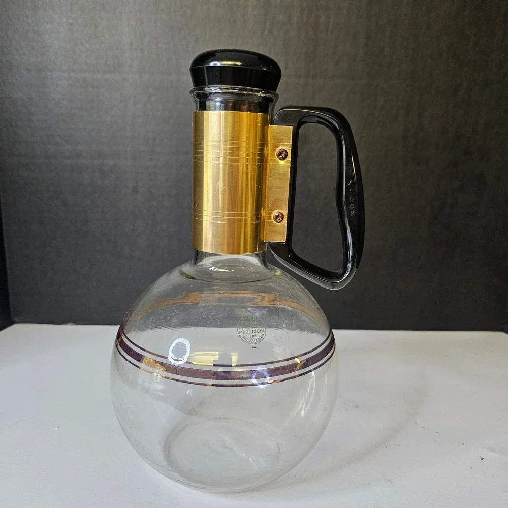 Vintage Silex Pyrex Glass Coffee Carafe Gold Tone Band Black Mid Century Modern